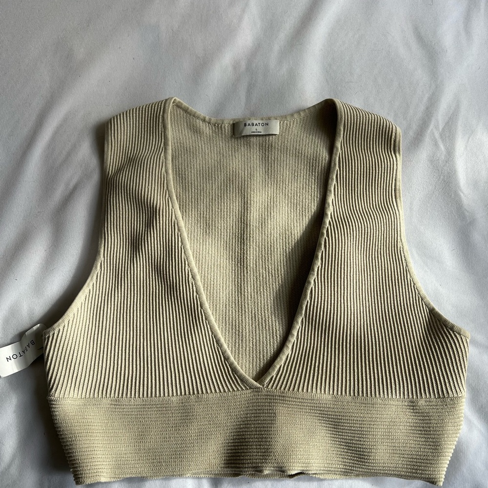 Babaton Cream Ribbed V-Neck Crop Top